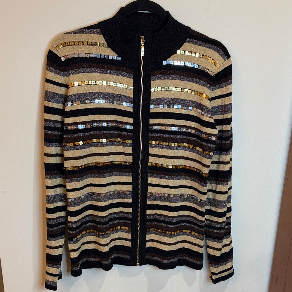 Belldini Black/Gold Flat Sequined Striped Sweater, L- Shimmer, Evening, Eclectic